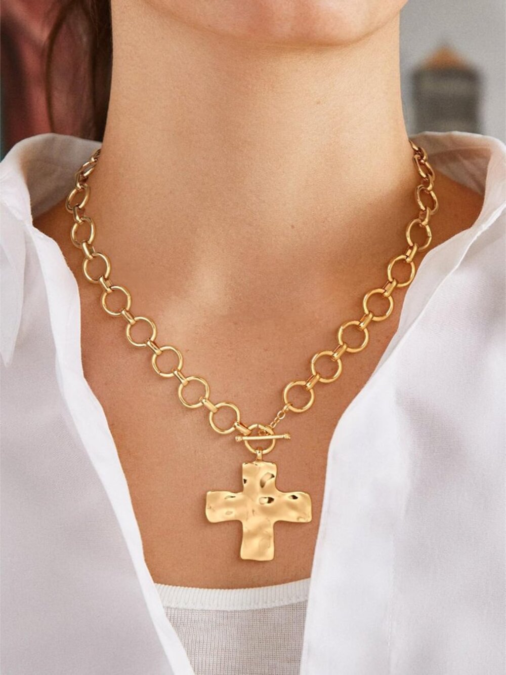 Gold Hammered Cross Pendant Toggle Necklace - Women Jewelry - Picture 6 of 7